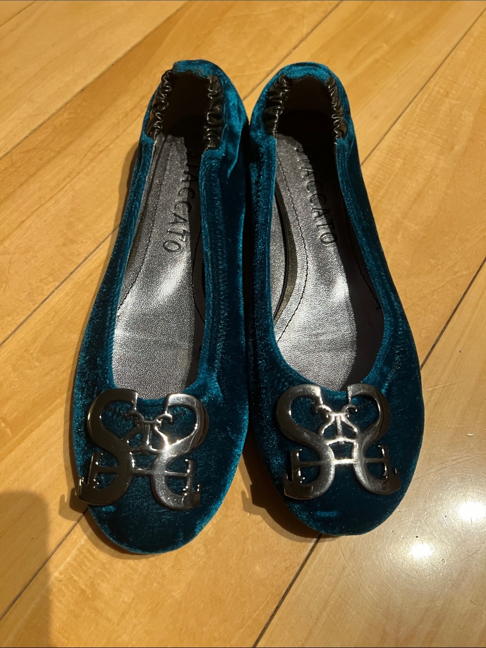 Staccato Teal Velvet Ballet Flats with Metal Logo Accent